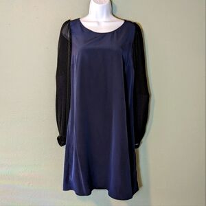 ERIN Navy Ponte Shift Dress With Sheer Pleated Sleeve Size 8
